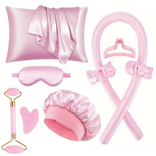 Kit De Seda Para Dormir Con Gorro, Antifaz, Funda Y Rizador De Cabello Sin Calor – Varios Colores