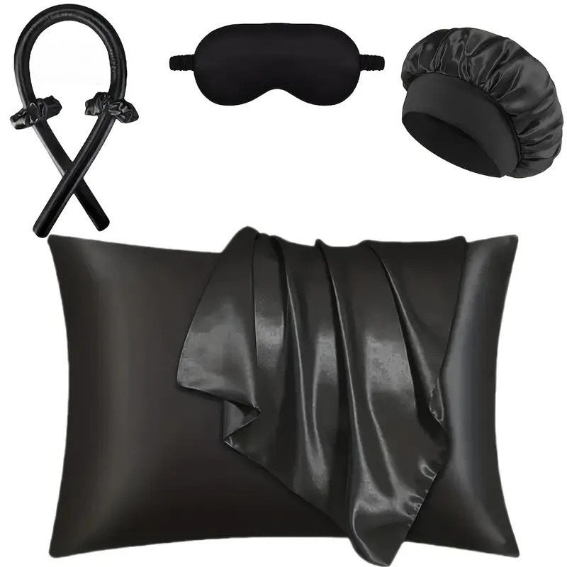 Kit De Seda Para Dormir Con Gorro, Antifaz, Funda Y Rizador De Cabello Sin Calor – Varios Colores