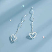 Aretes de Corazón en Plata Pura – Diseño Enhebrador cadena Colgante Estilo Juvenil