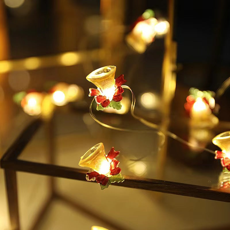 Copper Christmas Light Garlands: LED Bell and Snowflake Decorations