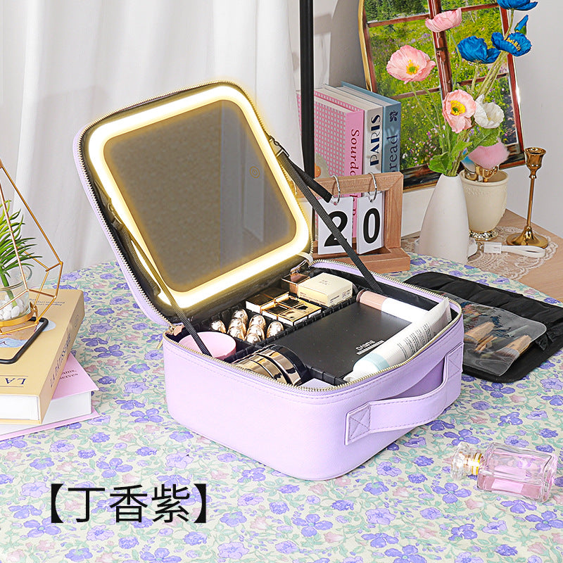Neceser de maquillaje lila con espejo LED y organizador interno. Ideal para viajes y almacenamiento de productos de belleza.