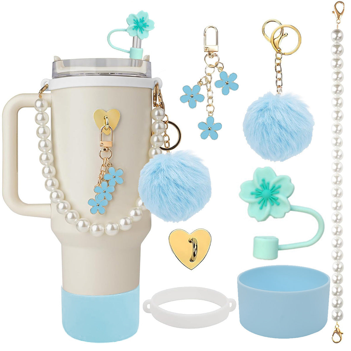 Set de Correa de Mano con Perlas y Accesorios Decorativos para Botella Stanley