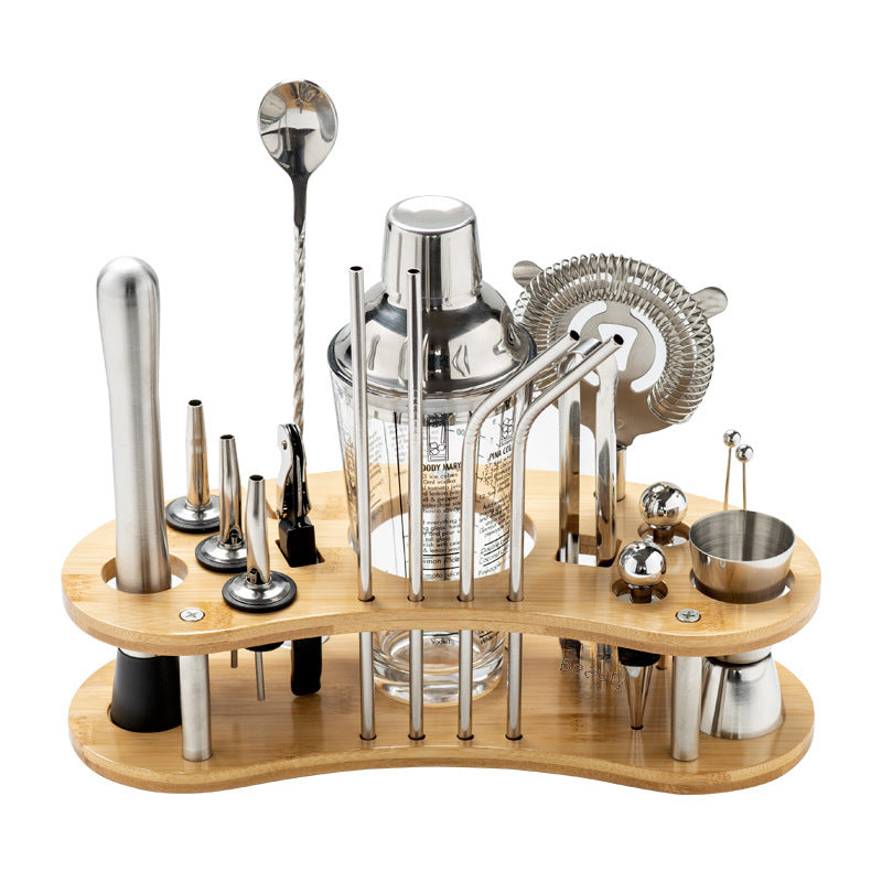 Kit de coctelería en acero inoxidable con herramientas para preparar cócteles en casa. Material resistente para uso doméstico y profesional.