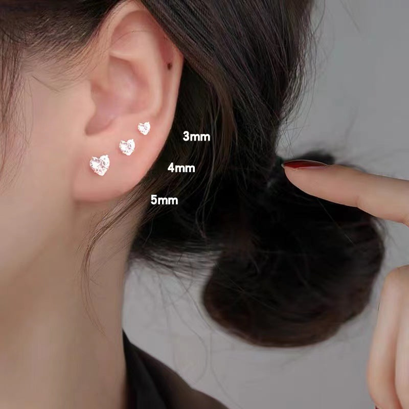 Pendientes de Corazón en Zirconia – Plata Pura 999, Estilo Botón