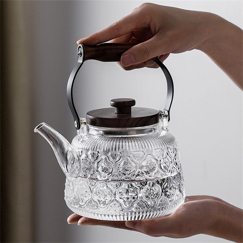 Tetera de vidrio con mango de nuez: hervidor de agua y juego de tazas de té, apto para calentar