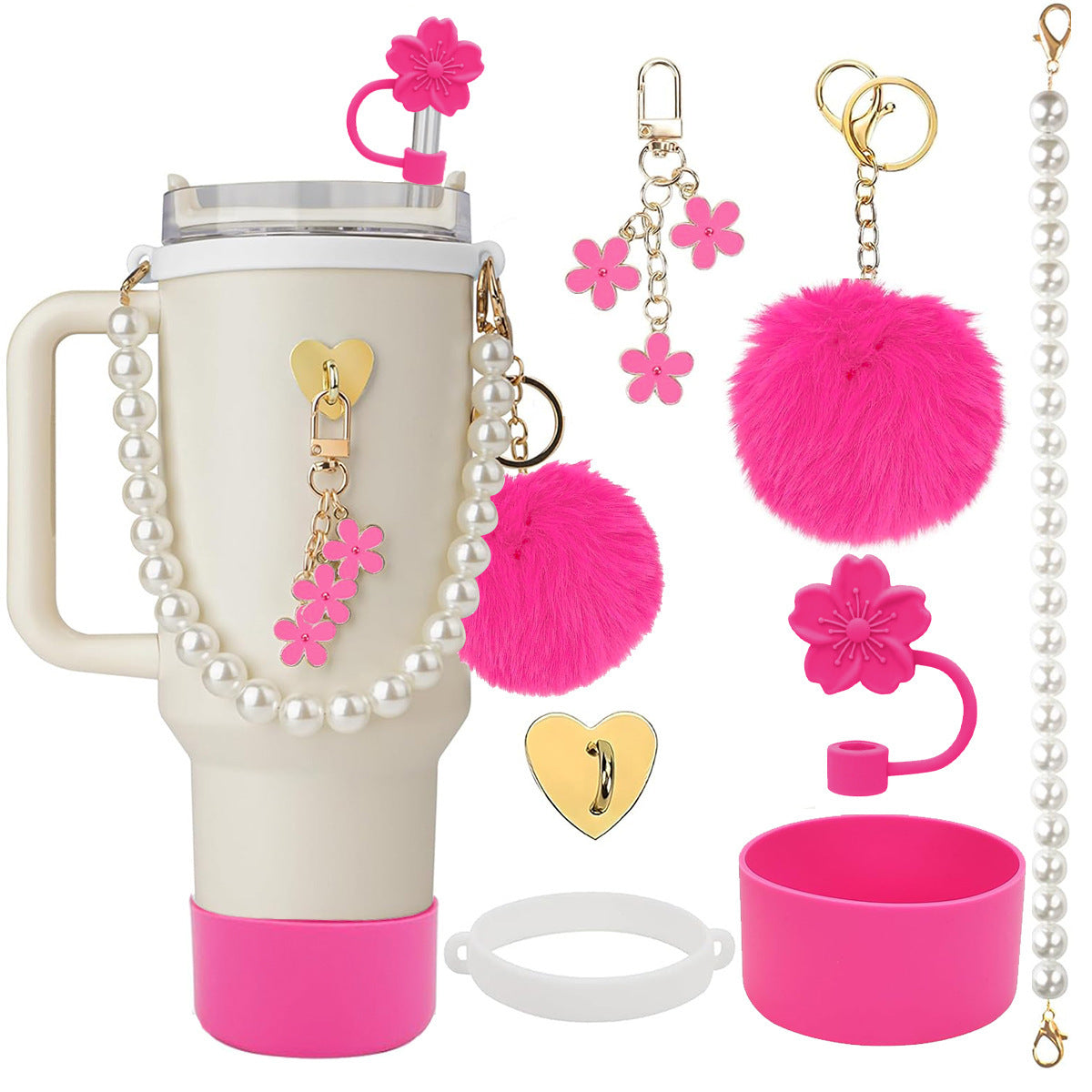 Set de Correa de Mano con Perlas y Accesorios Decorativos para Botella Stanley