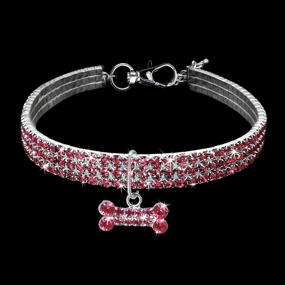 Collar Elástico con Cristales Brillantes y Charm de Hueso para Mascotas