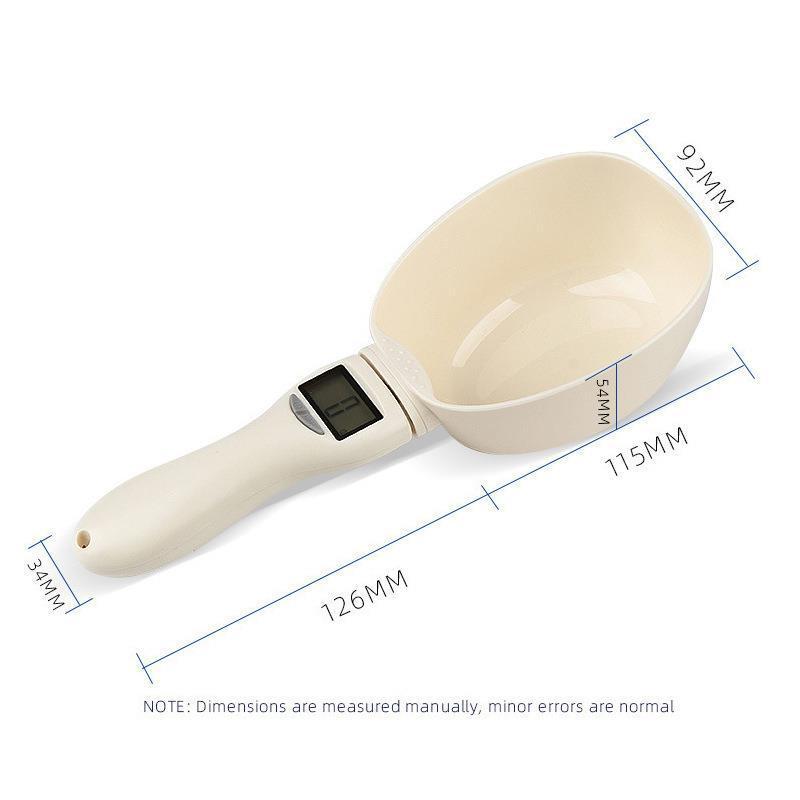 Báscula electrónica y cuchara medidora digital para comida de perros y gatos.
