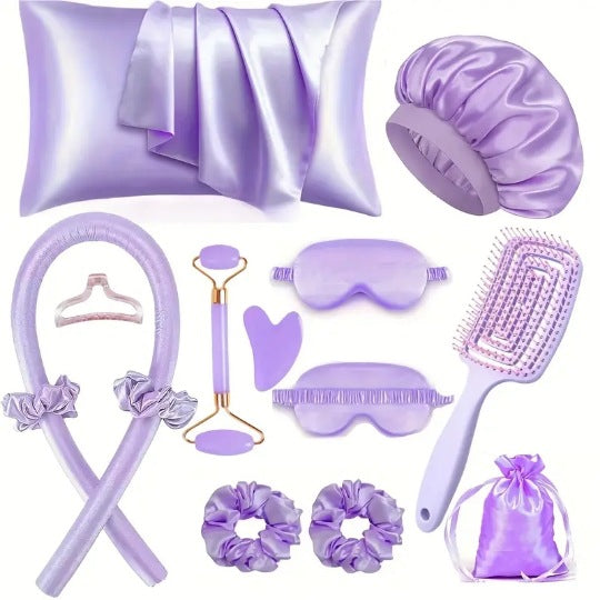 Kit De Seda Para Dormir Con Gorro, Antifaz, Funda Y Rizador De Cabello Sin Calor – Varios Colores