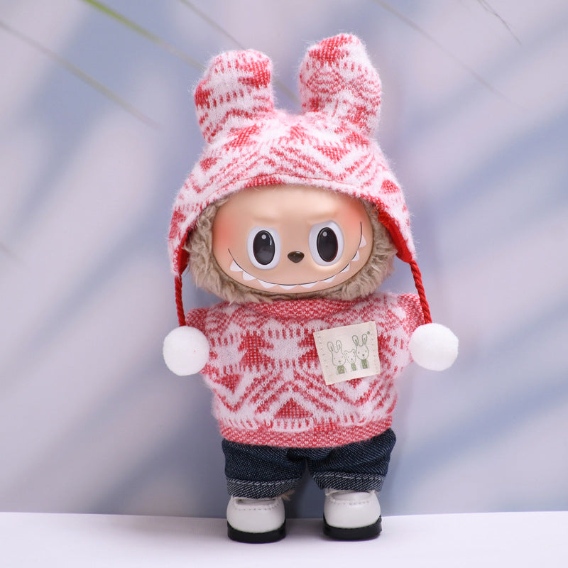 Set de ropa rosa con gorro y suéter tejido para muñeca Labubu de 17cm. Incluye pantalón, ideal para coleccionistas mayores de 15 años.