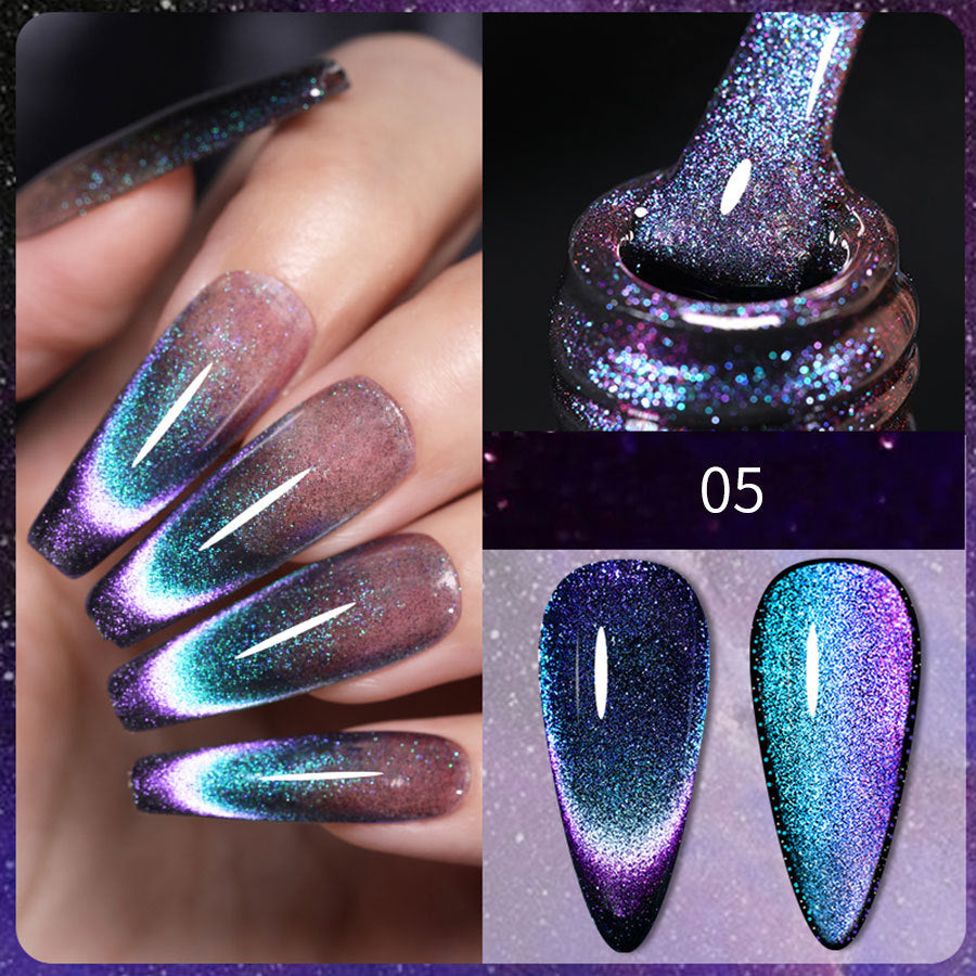 Esmalte de uñas gel duradero tono 05 con efecto magnético azul y púrpura. Ideal para manicuras llamativas y resistentes.