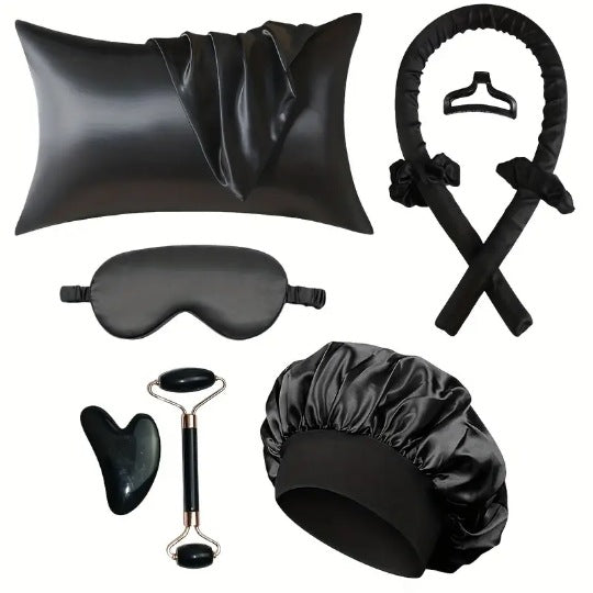 Kit De Seda Para Dormir Con Gorro, Antifaz, Funda Y Rizador De Cabello Sin Calor – Varios Colores