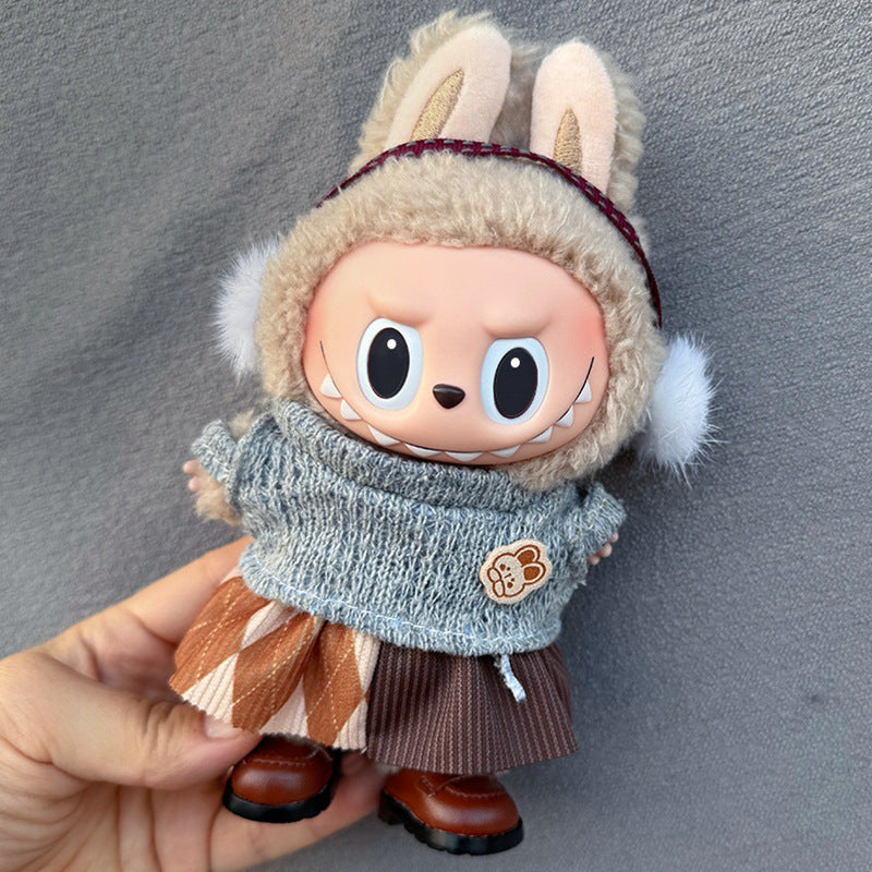 Falda plisada con suéter gris para muñeca Labubu de 17cm, accesorio vintage con diseño otoñal y orejeras.