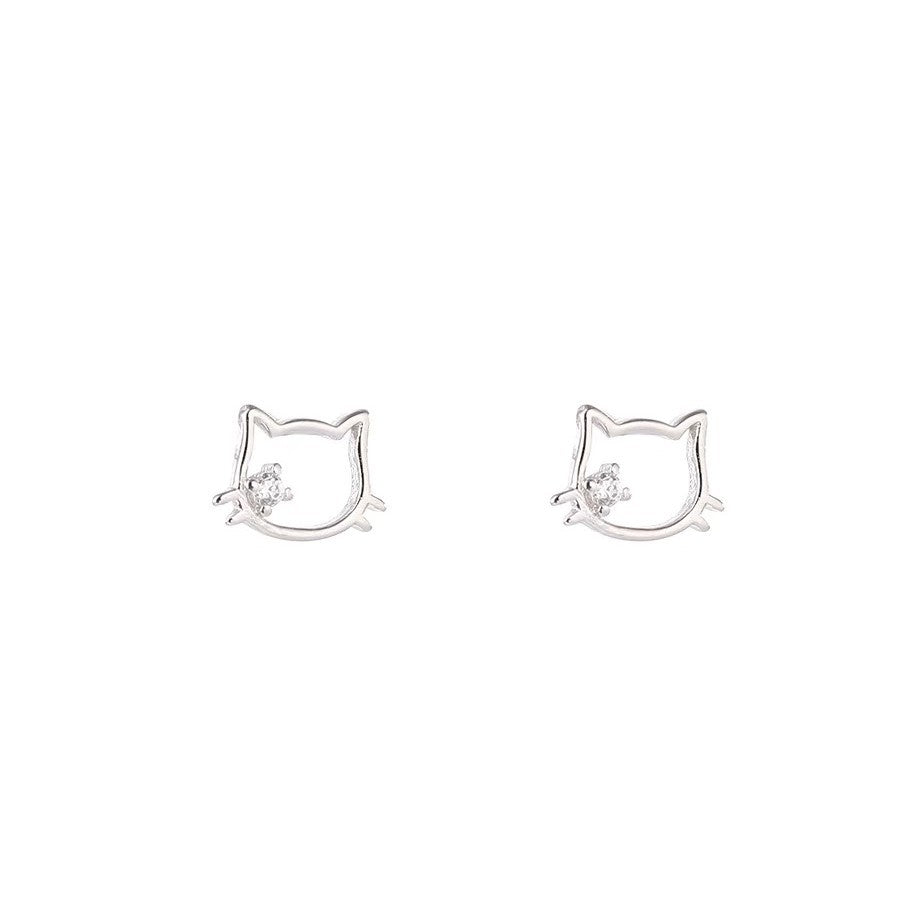 Pendientes botón en forma de gato para niñas en plata pura 999 con cierre a presión