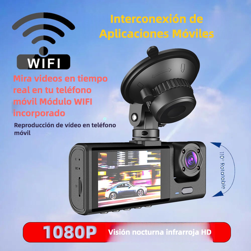 Cámara De Seguridad para Auto  –  3 Lentes Con Cámara Frontal, Interior y Trasera HD