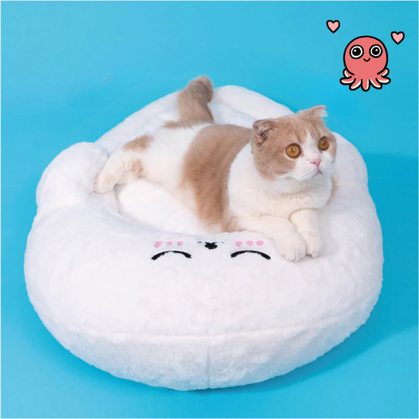 Cama antiestrés para mascotas con diseño de huevo frito, termal y curry – Original y divertida