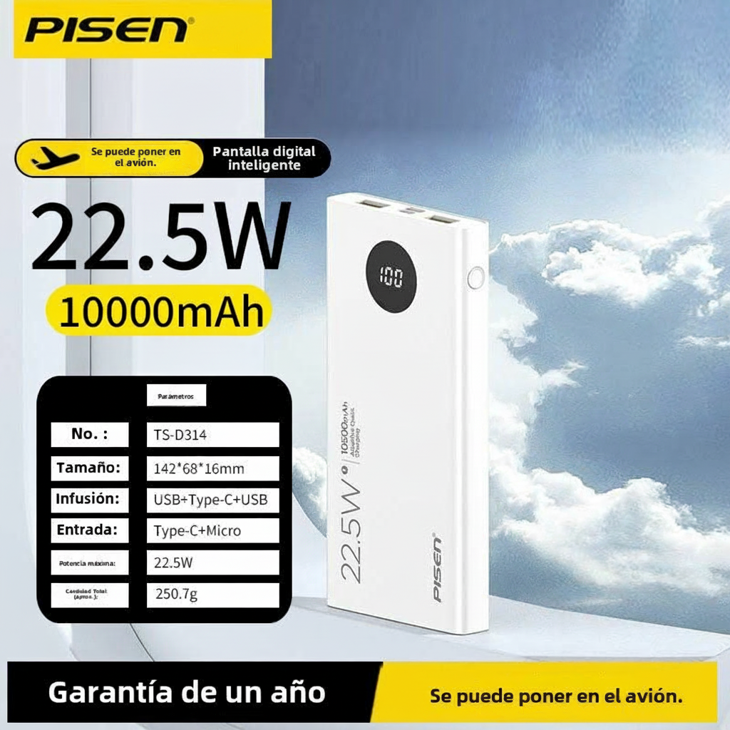 Batería Externa Pisen 10000mAh – Carga Rápida 20W, Portátil, Compatible iPhone y Android