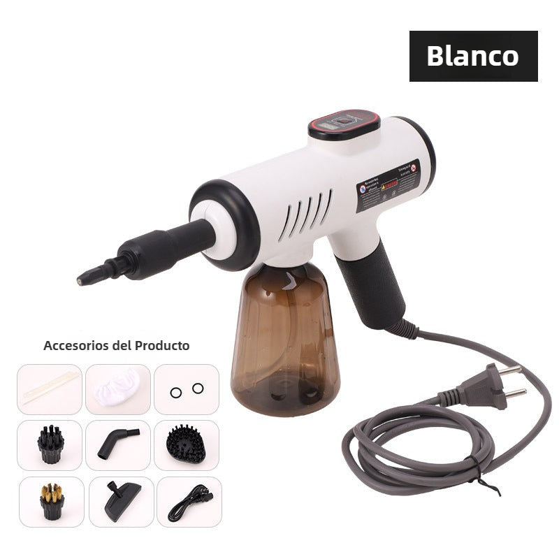 Pistola de vapor portátil blanca con pantalla digital y accesorios. Herramienta de limpieza doméstica con alta temperatura.