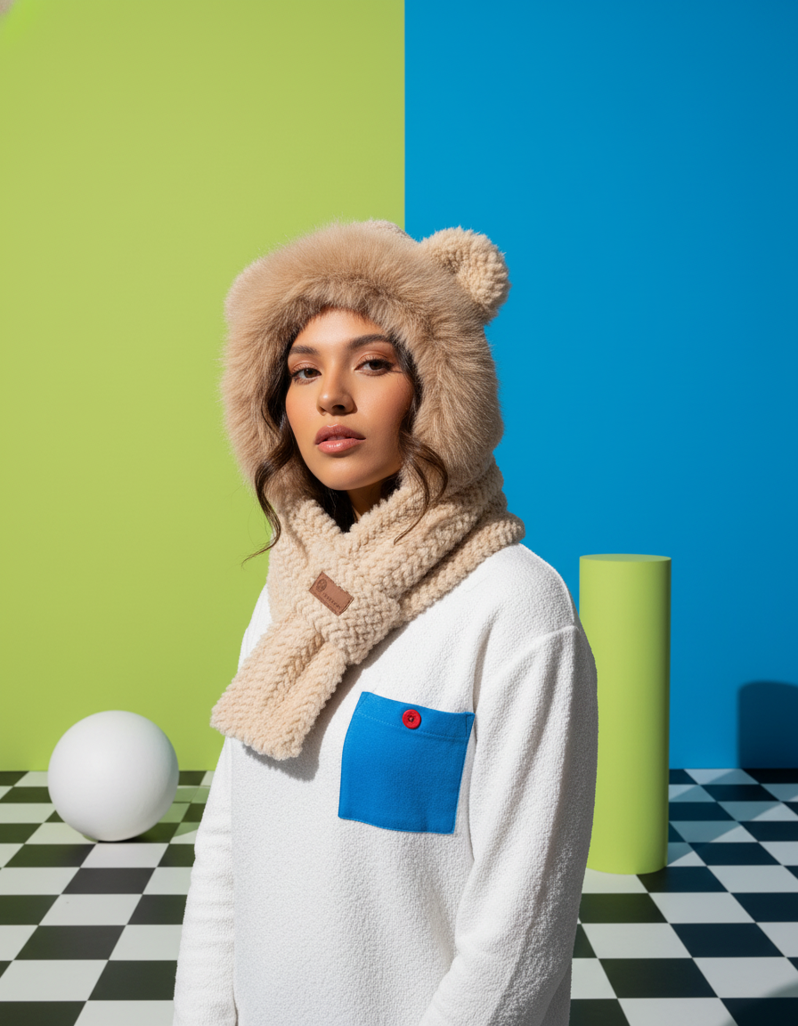 Gorro de Invierno con Orejas y Bufanda Integrada para Mujer Imitación Peluche
