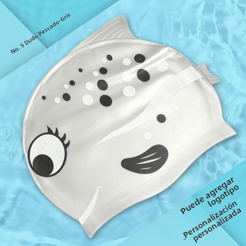 Gorro de silicona infantil multicolor: resistente al agua, con orejeras, diseño de animales y pez para natación y entrenamiento