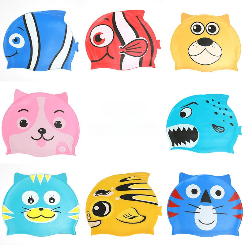 Gorro de silicona infantil multicolor: resistente al agua, con orejeras, diseño de animales y pez para natación y entrenamiento