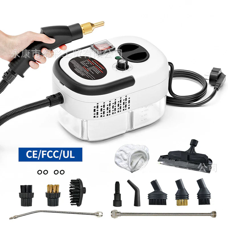 Limpiadora a vapor blanca 2500W con diseño ergonómico y boquillas intercambiables para limpieza eficiente del hogar