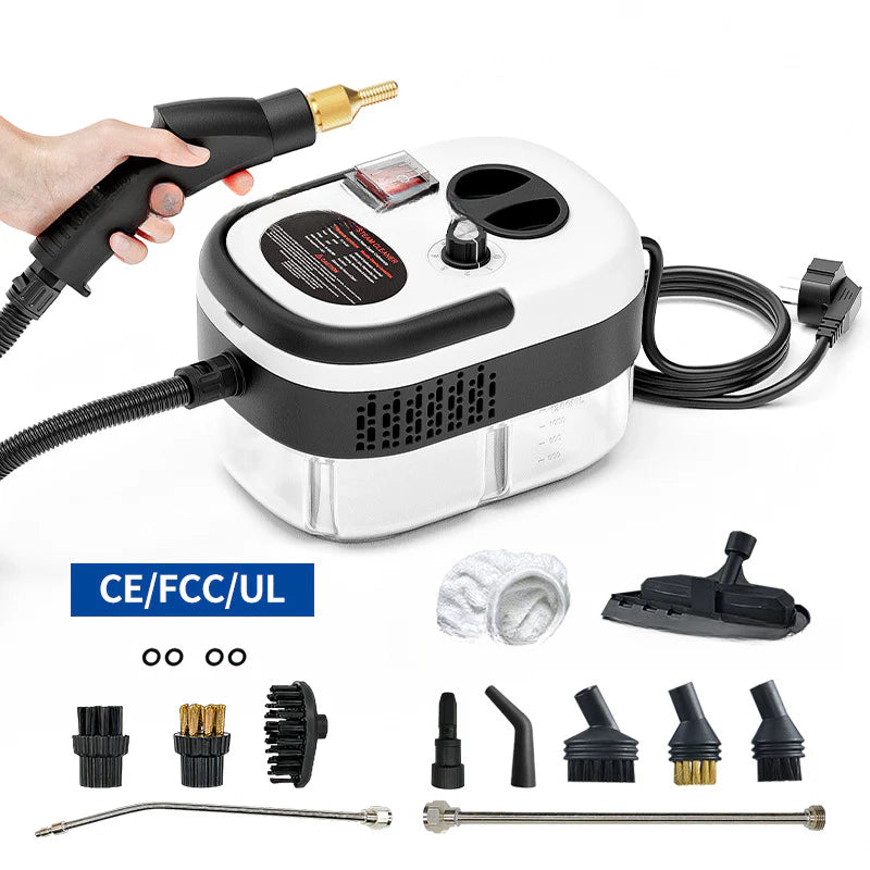 Vaporeta compacta blanca 2500W con certificación CE/FCC/UL y set completo de accesorios para limpieza a vapor doméstica