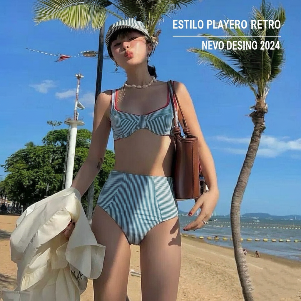 Bikini de Rayas Retro con Pañuelo Incluido - 4
