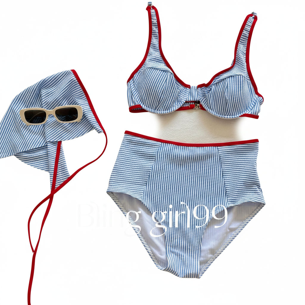 Bikini de Rayas Retro con Pañuelo Incluido - 1