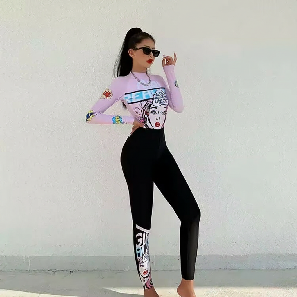 Traje de baño manga larga con estampado estilizador - 4