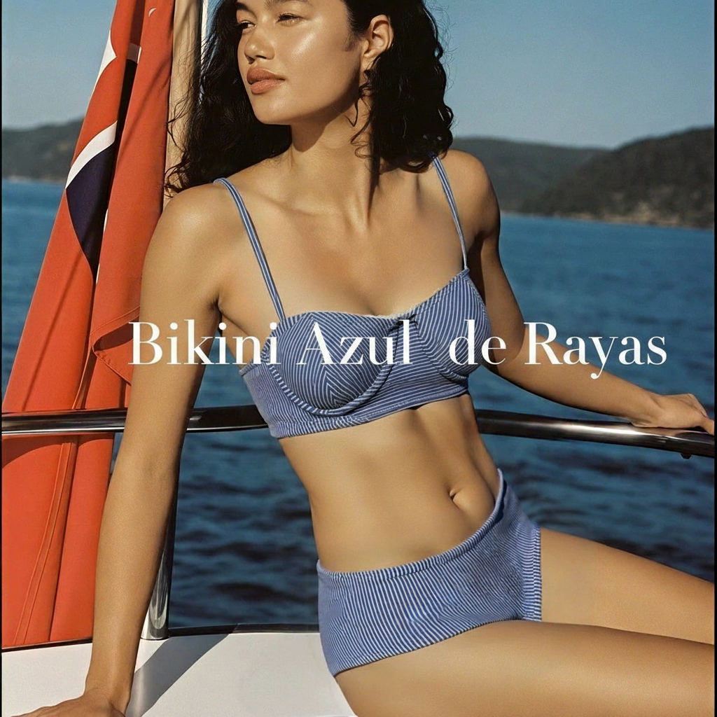 Bikini de Rayas Azul y Blanco con Copa Acolchada - 2