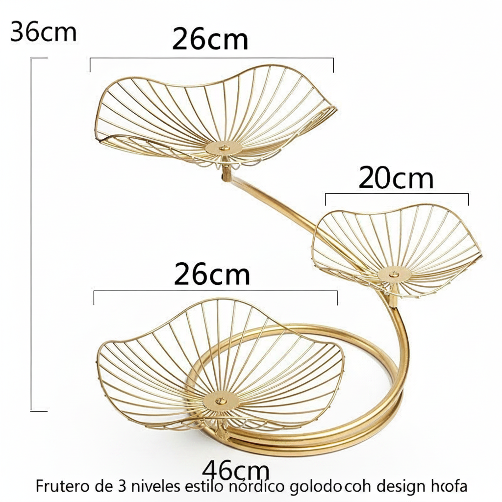 Frutero de 3 niveles estilo nórdico dorado con diseño hoja - 3