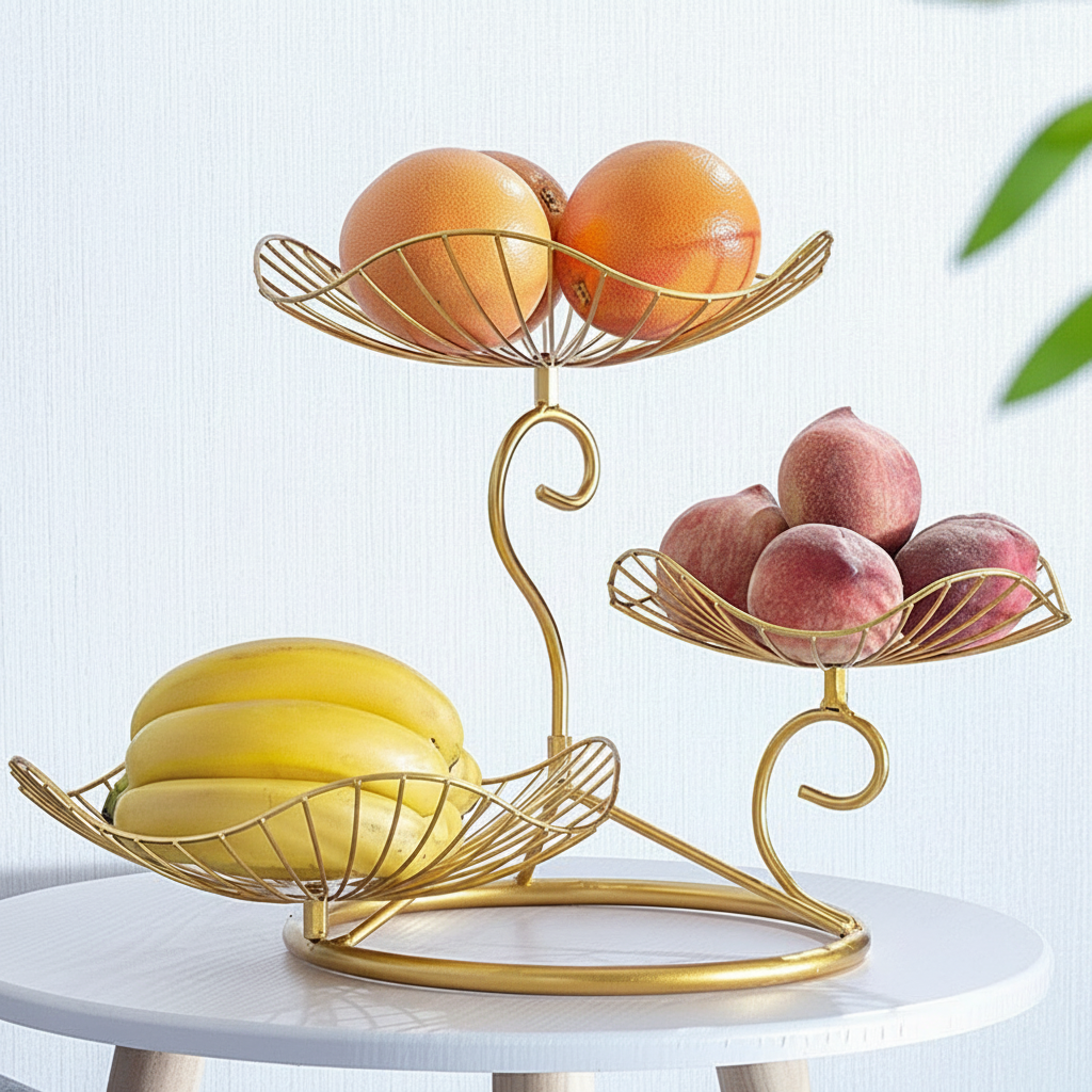 Frutero de 3 niveles estilo nórdico dorado con diseño hoja - 4