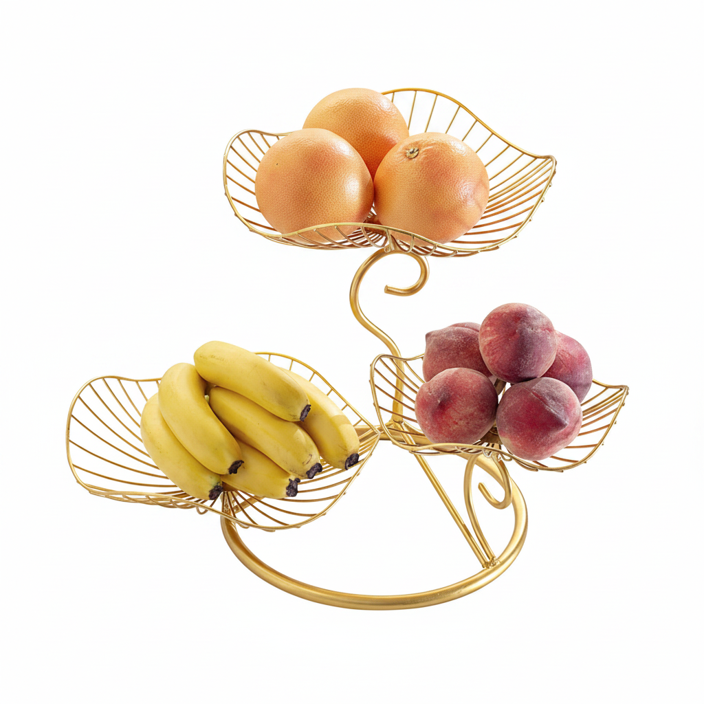 Frutero de 3 niveles estilo nórdico dorado con diseño hoja - 1