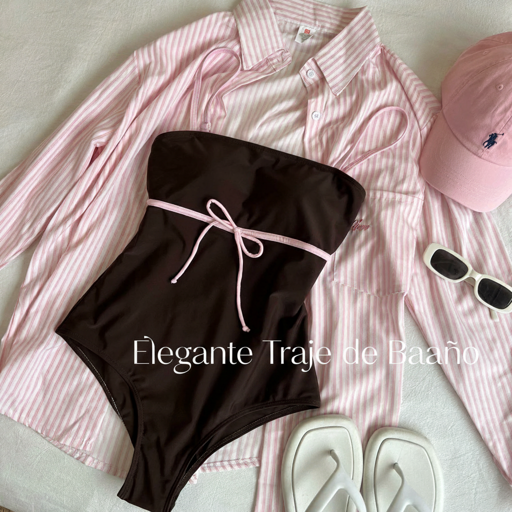 Traje de baño entero mujer color caramelo elegante - 3