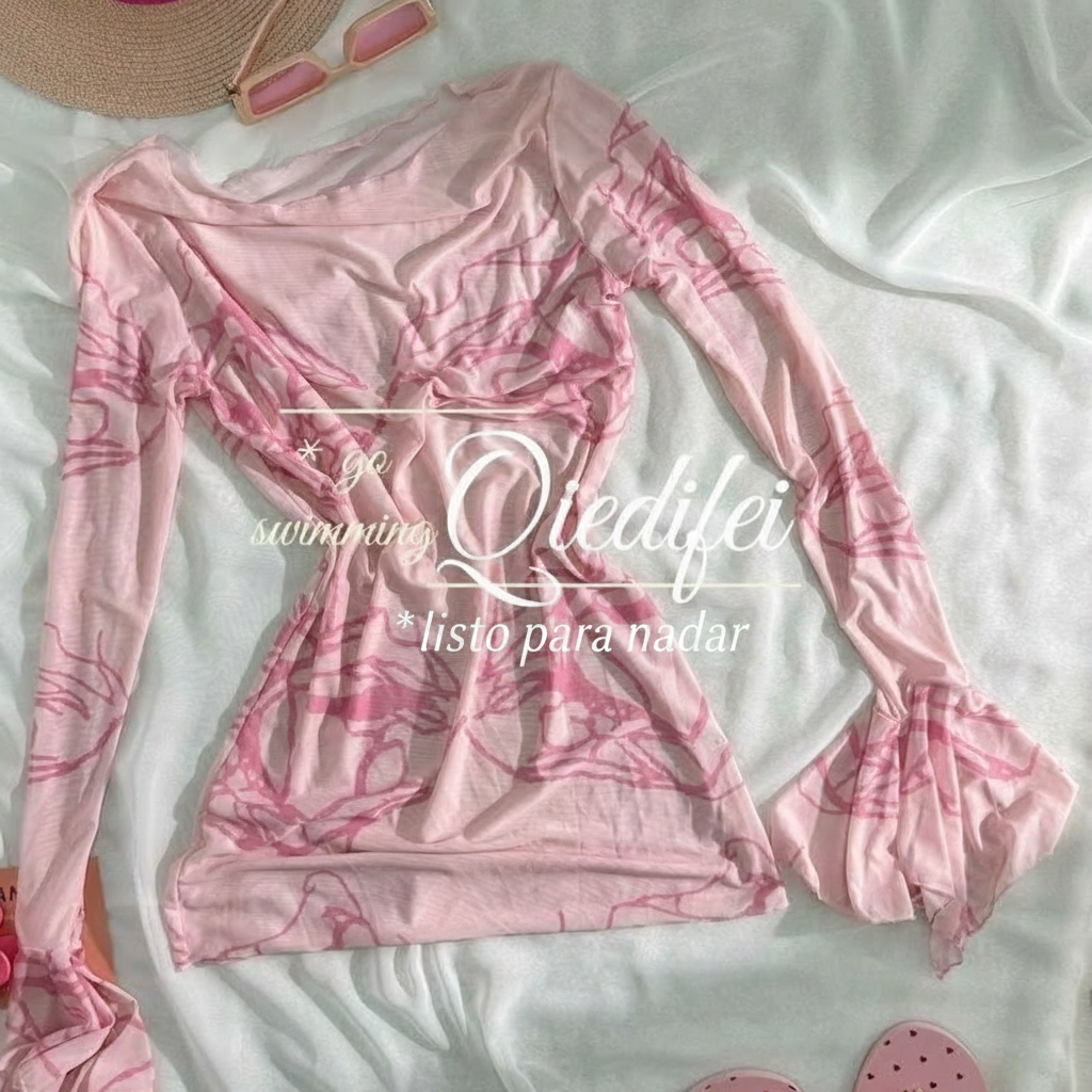 Bikini Rosa con Cubre Playa de Manga Larga para Mujer - 3