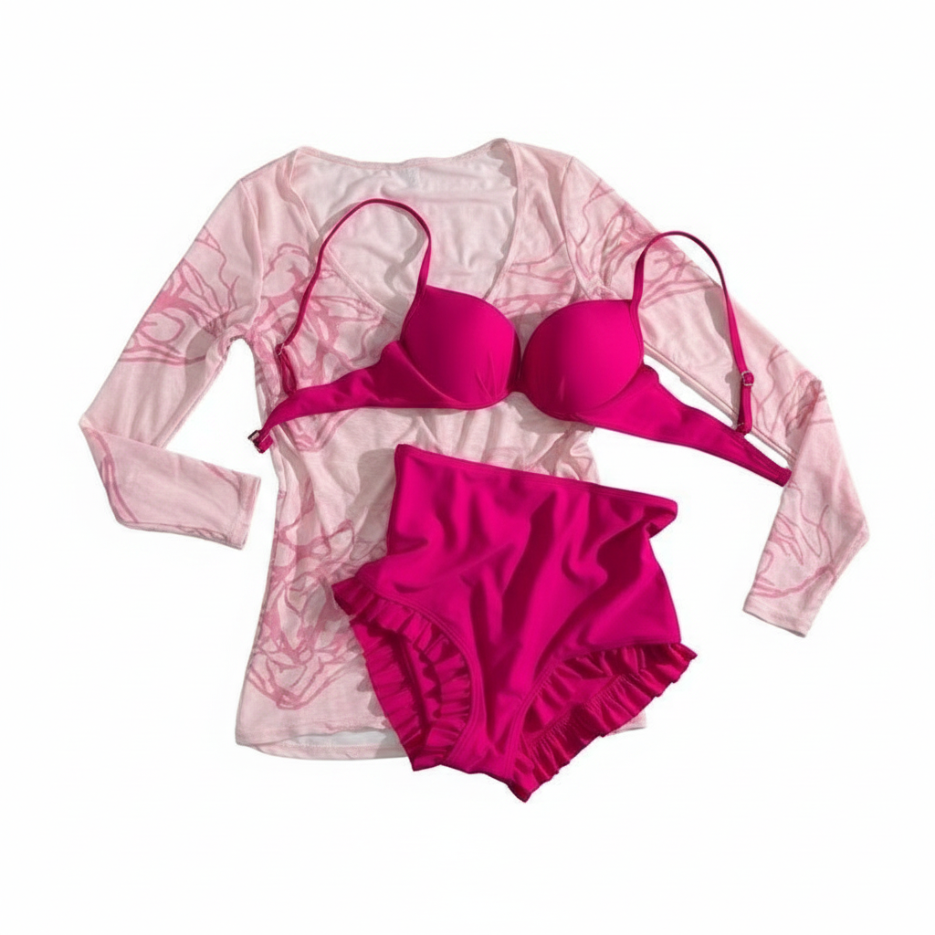 Bikini Rosa con Cubre Playa de Manga Larga para Mujer - 1