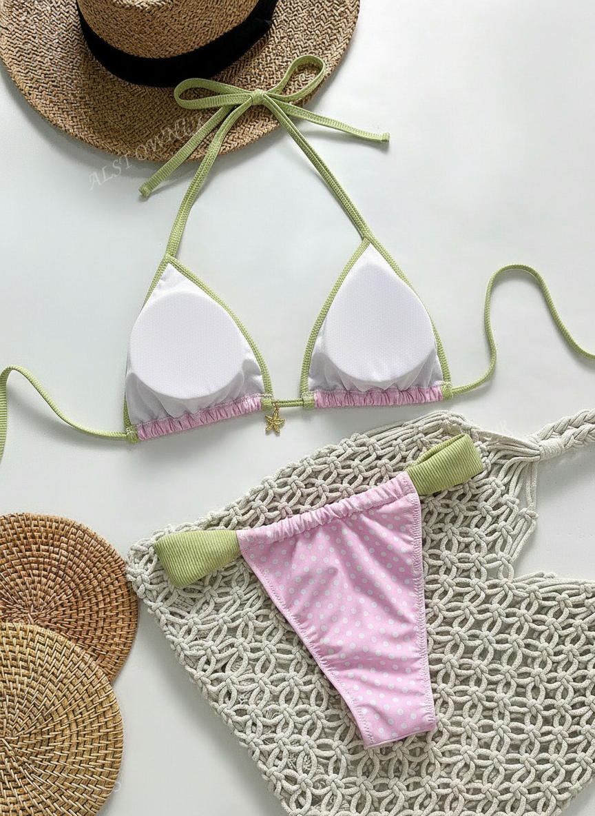 Bikini Sexy de Dos Piezas con Copa Triangular Rosa - 4