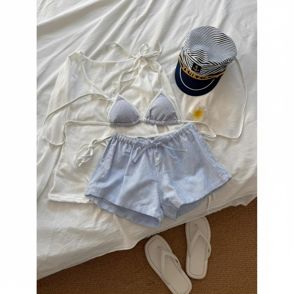 Bikini a Rayas con Cubierta y Short de Playa Mujer - 3