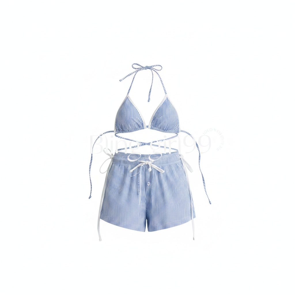 Bikini a Rayas con Cubierta y Short de Playa Mujer - 1