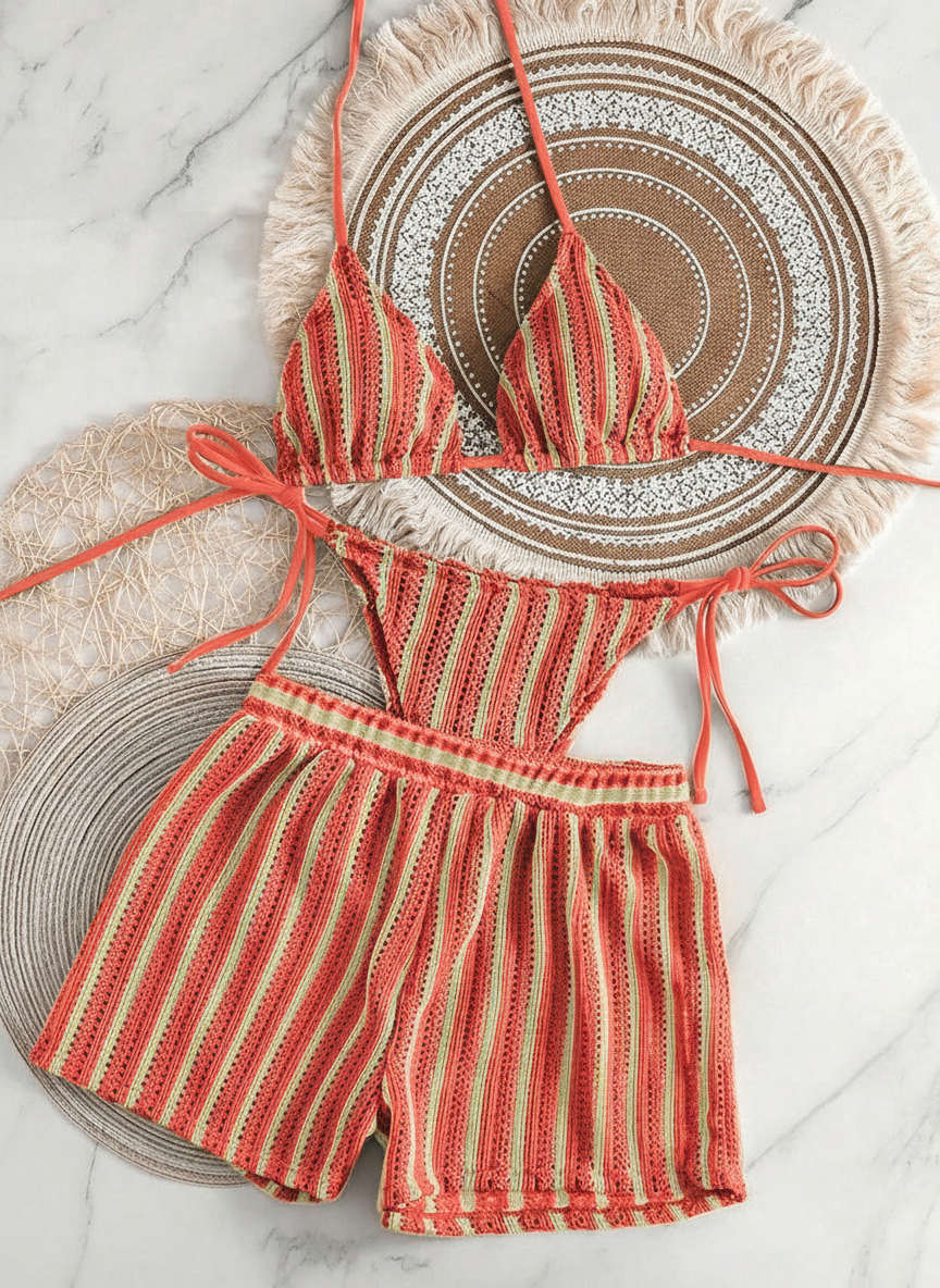 Bikini de Tres Piezas con Rayas Estilo Bohemio - 2