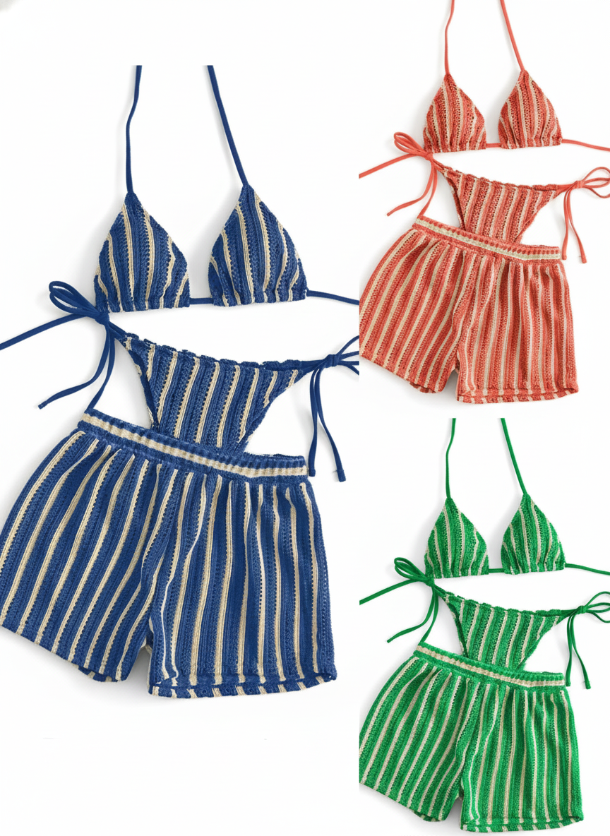 Bikini de Tres Piezas con Rayas Estilo Bohemio - 1