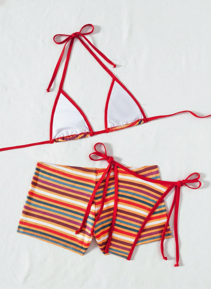 Bikini de rayas 3 piezas sexy tiro alto para mujer - 2
