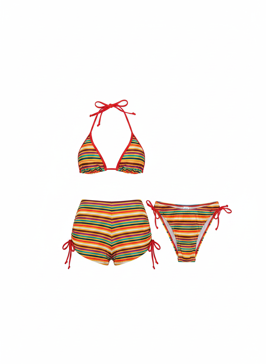 Bikini de rayas 3 piezas sexy tiro alto para mujer - 1