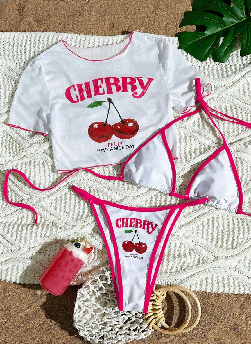 Bikini 3 piezas con estampado de cerezas y tirantes - 2