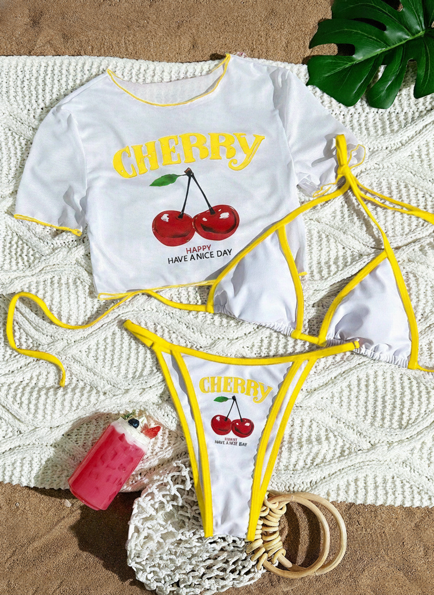 Bikini 3 piezas con estampado de cerezas y tirantes - 3