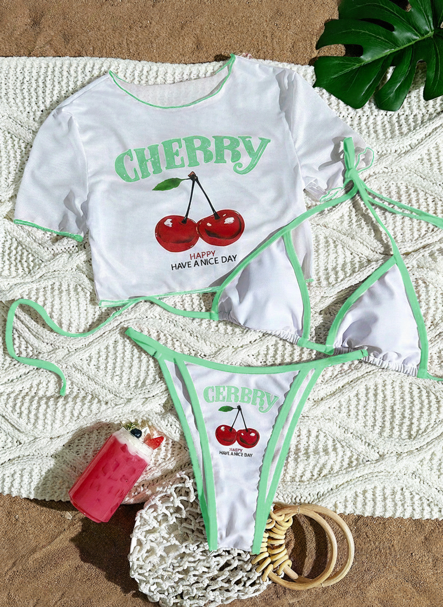 Bikini 3 piezas con estampado de cerezas y tirantes - 4