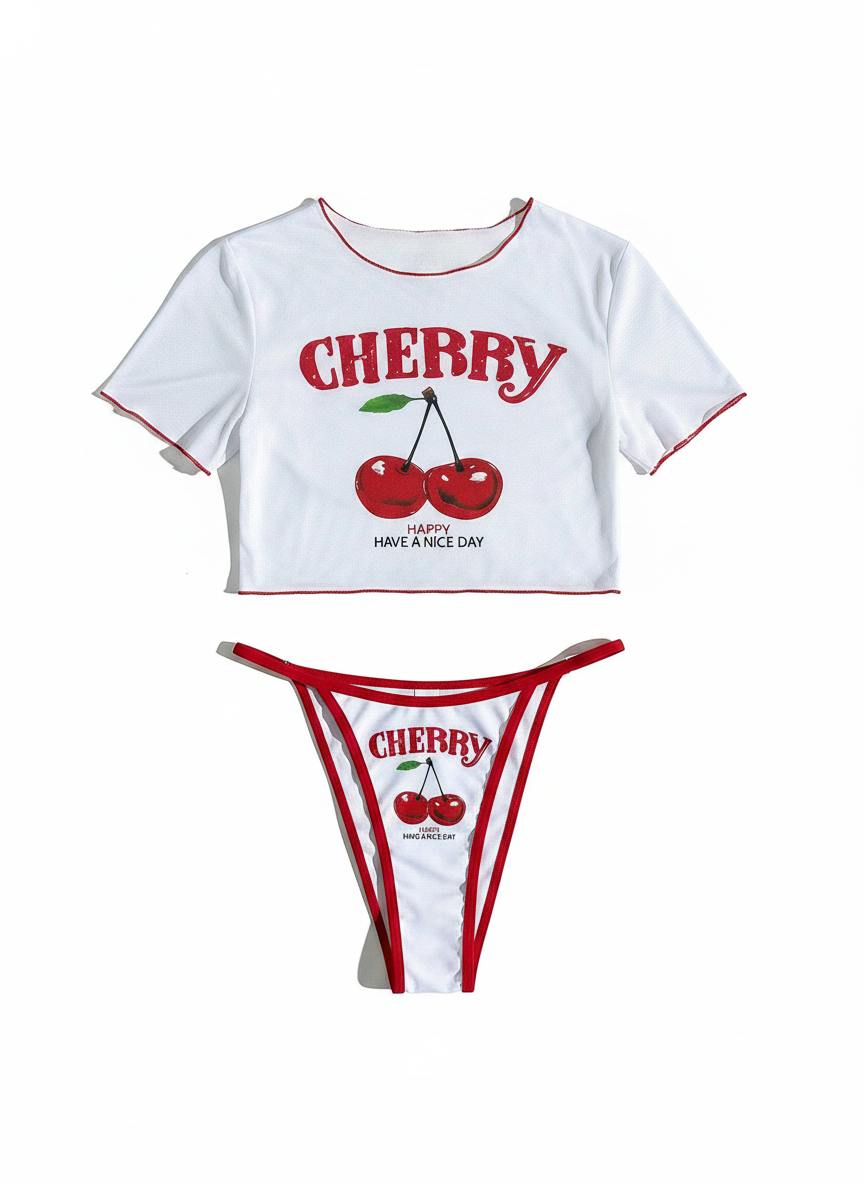 Bikini 3 piezas con estampado de cerezas y tirantes - 1