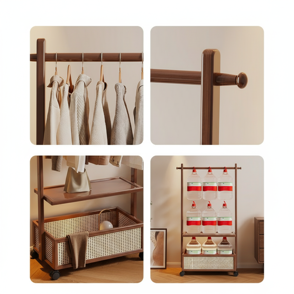 Perchero de bambú con cesto para ropa sucia multiusos - 4