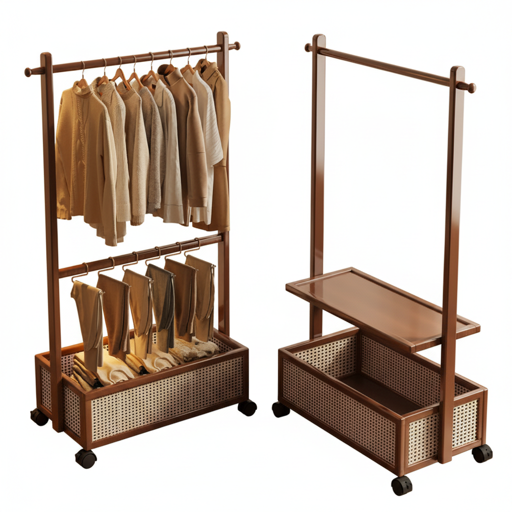 Perchero de bambú con cesto para ropa sucia multiusos - 1